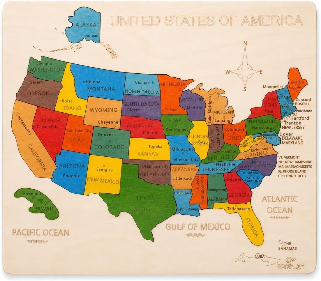 Mapa de Estados Unidos - Rompecabezas de madera de 14 pulgadas | 14.0 x 11.5 pulgadas | 44 piezas de rompecabezas – Small States are Clubbed | Juguete educativo y de aprendizaje regalo para niños y niñas a partir de