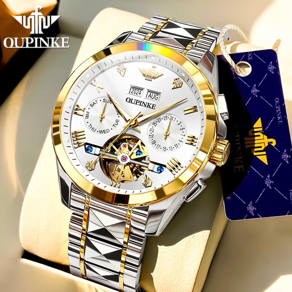 Relojes automáticos de esqueleto para hombre, reloj de pulsera de lujo mecánico de cuerda automática de cristal de zafiro, reloj de acero de tungsteno, 164.0 ft, impermeable, luminoso, sin batería, Dorado, carátula blanca de acero tungsteno, redondo