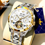 Relojes automáticos de esqueleto para hombre, reloj de pulsera de lujo mecánico de cuerda automática de cristal de zafiro, reloj de acero de tungsteno, 164.0 ft, impermeable, luminoso, sin batería, Dorado, carátula blanca de acero tungsteno, redondo
