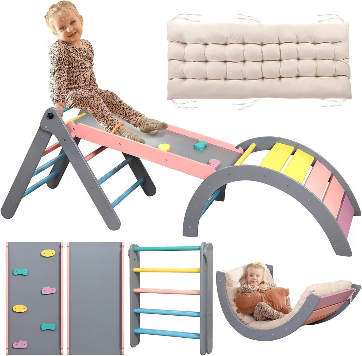 Pikler - Juego de triángulos con cojín, 7 en 1, juguetes de escalada para interiores