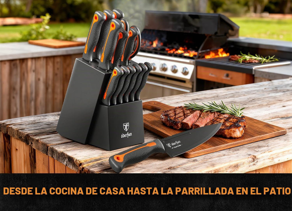 Juego de cuchillos de cocina de 15 piezas, aptos para lavavajillas, antideslizantes