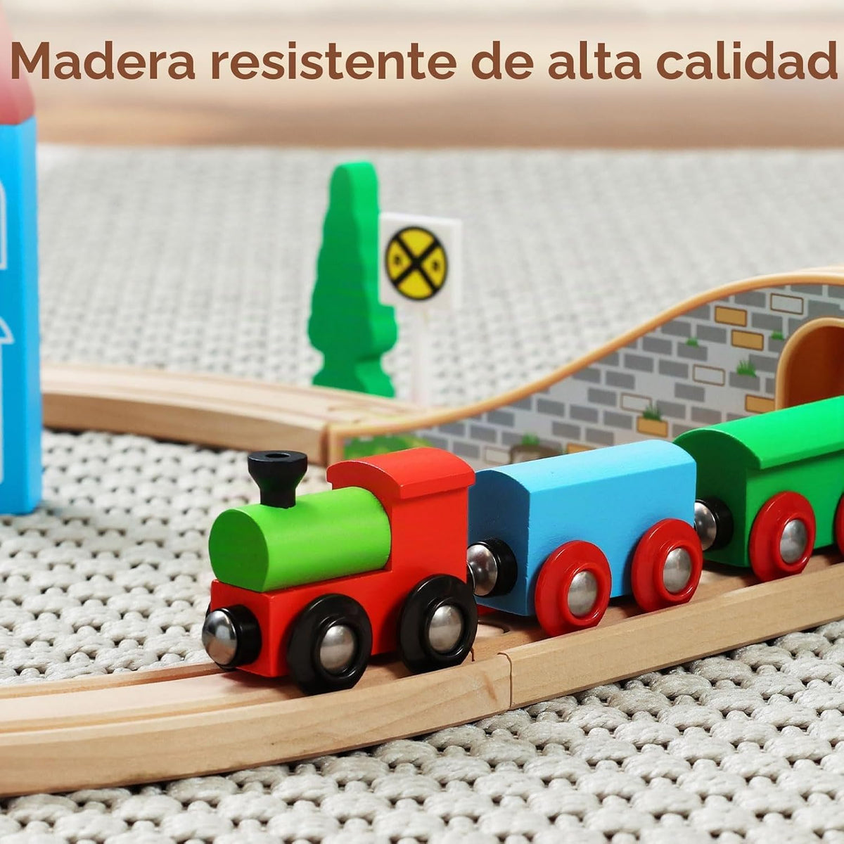 SainSmart Jr. Juego de Tren de Madera para Niños Pequeños con Vías de Tren de Doble Cara Compatible con Brio, Thomas, Melissa y Doug, Tren de Juguete de Madera Infantil para Niños y Niñas de 3, 4, 5