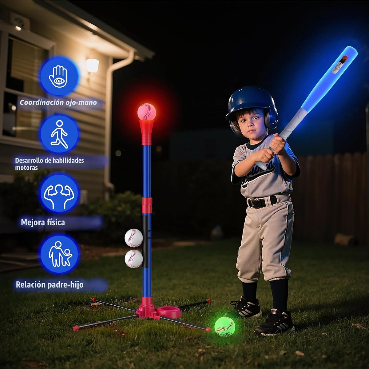 HYES Set de Béisbol 3 en 1 con LED para Niños 3-5 con 7 Iluminaciones