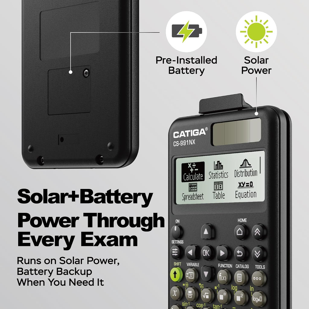 CATIGA Calculadora científica negra con pantalla HD estilo libro de texto, calculadoras científicas solares y de batería para estudiantes universitarios, secundaria e ingeniería, menú de iconos y