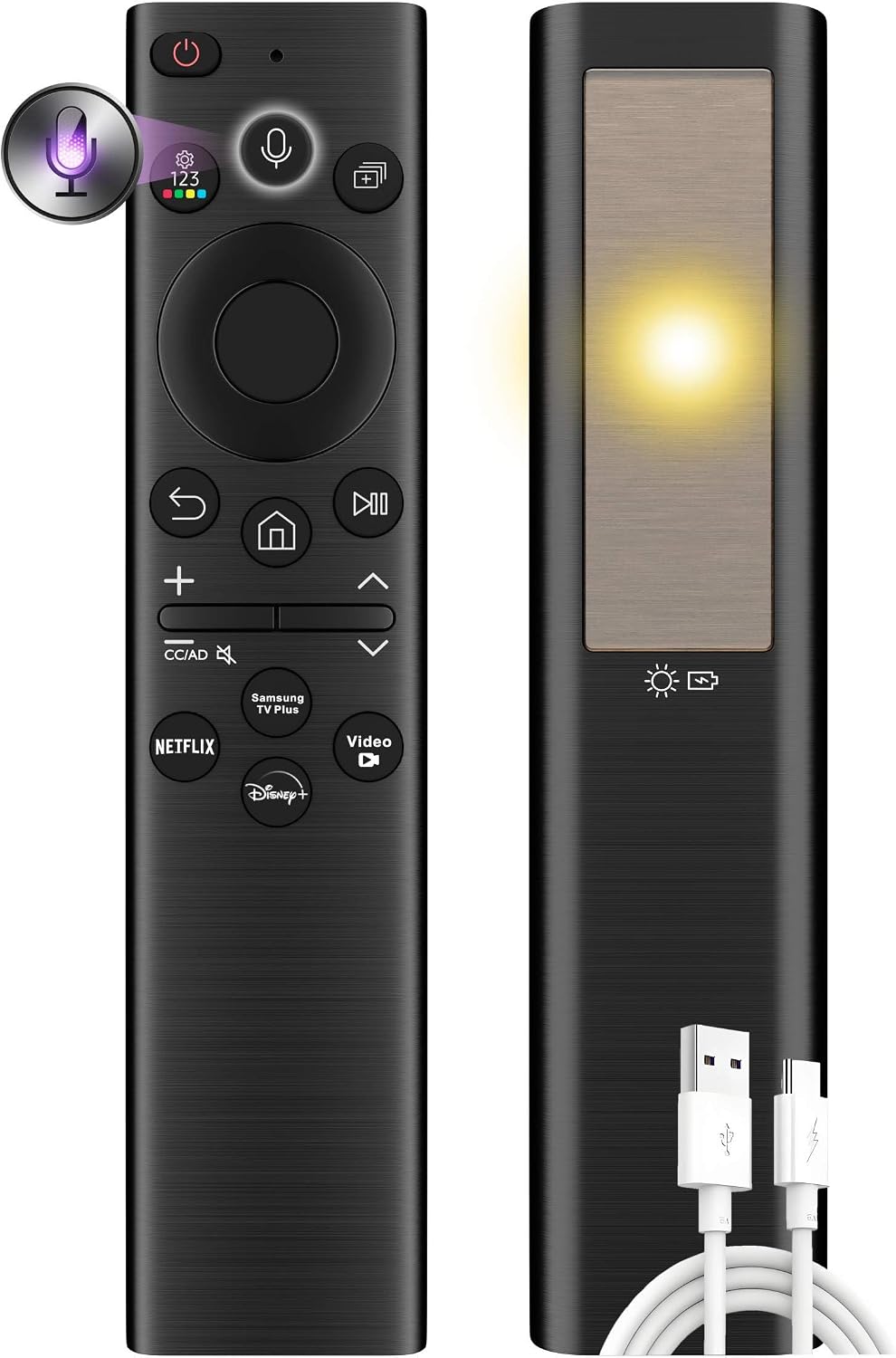 Mando a distancia solar de repuesto para Samsung Smart TV (2018-2025): célula solar recargable, carga USB-C, voz y Bluetooth, neo, QLED, cristal UHD, marco, terraza, sero, serif y monitor