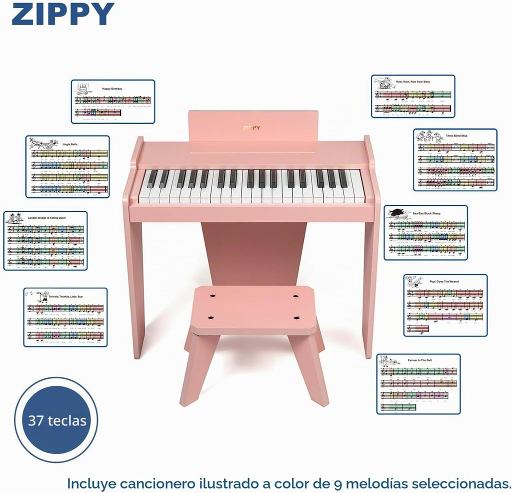 ZIPPY - Teclado de piano para niños, piano digital de 37 teclas para niños, instrumento educativo musical, piano de madera para niñas y niños mayores de 3 años