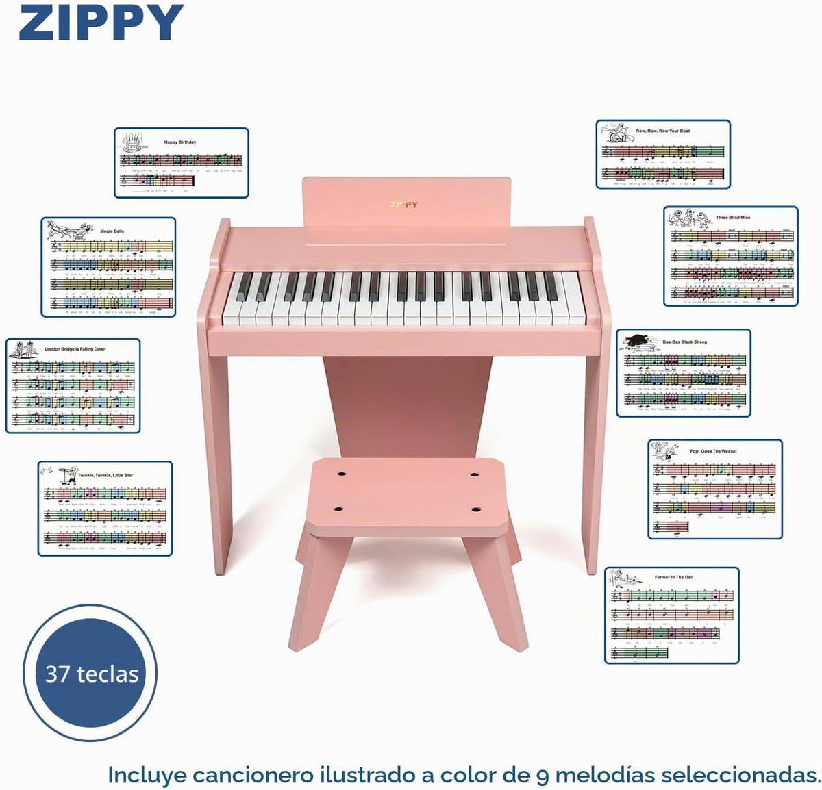 ZIPPY - Teclado de piano para niños, piano digital de 37 teclas para niños, instrumento educativo musical, piano de madera para niñas y niños mayores de 3 años