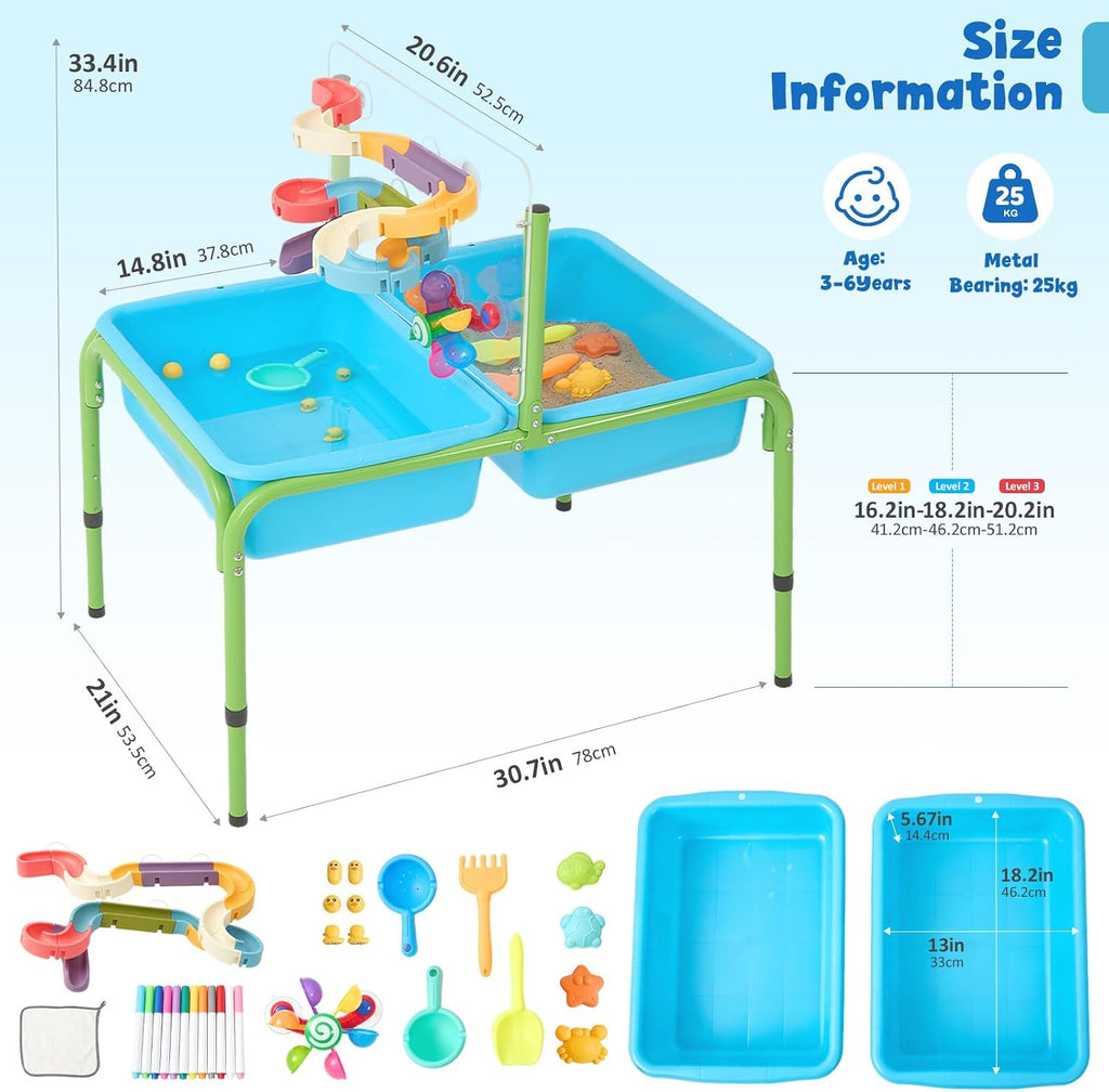 FUNLIO Mesa de agua de arena para niños pequeños, mesa sensorial 4 en 1 de altura ajustable para edades de 3 a 6 años, 2 contenedores de almacenamiento, panel acrílico y 16 accesorios, uso en