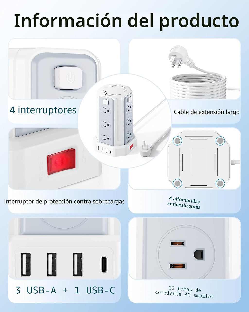 SMALLRT Power Strip - Cable de extensión de 6.5 pies con 12 tomas de corriente alterna múltiples, 4 USB (1 USB C), estación de carga de escritorio para hogar, oficina, universidad, dormitorio esencial