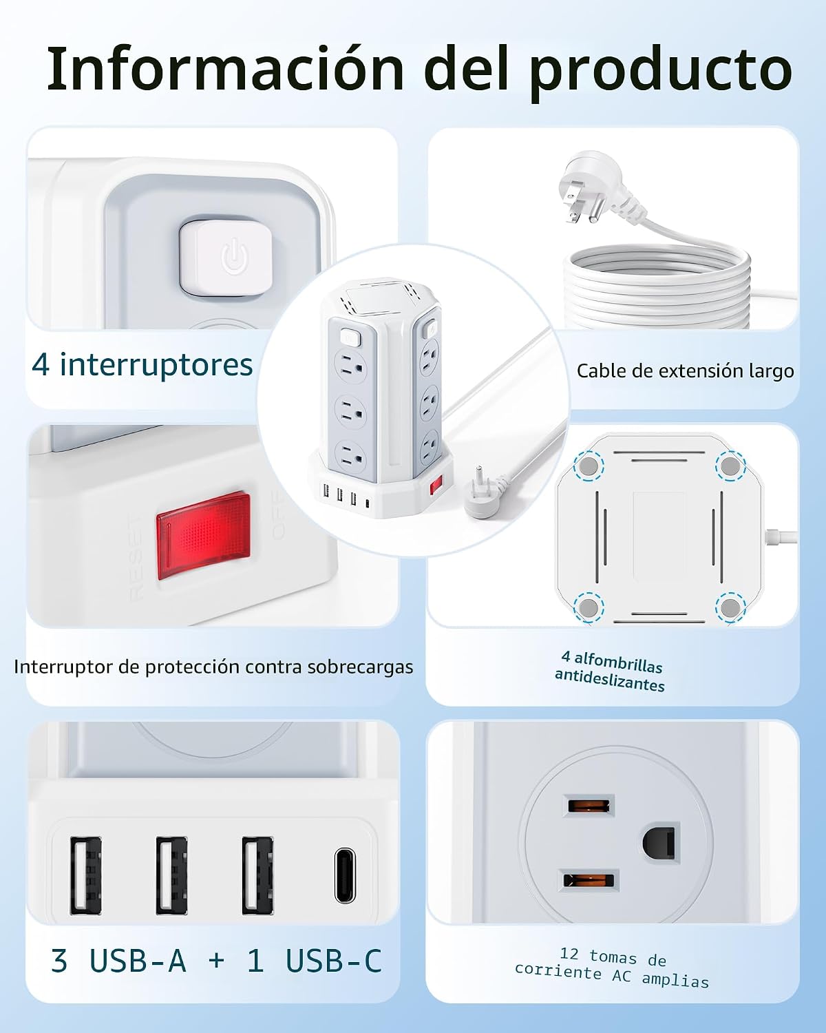 SMALLRT - Cable de extensión de 10 pies con 12 tomas de corriente alterna múltiples, 4 USB (1 USB C), estación de carga de escritorio SMALLRT para hogar, oficina, universidad, dormitorio esencial