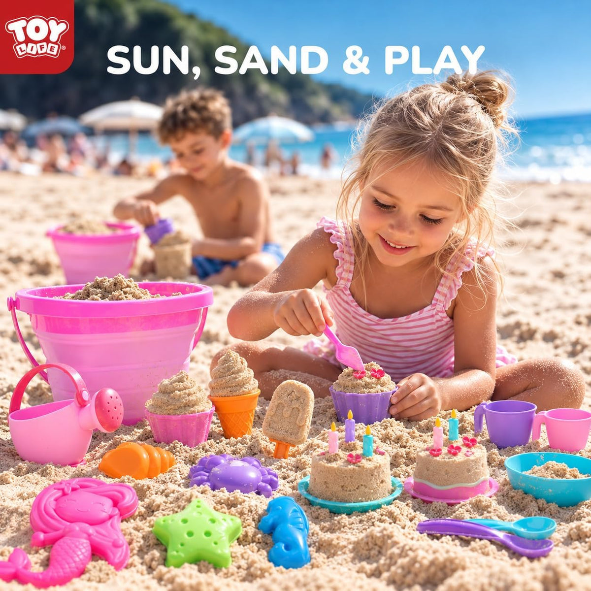TOY Life 41 piezas de juguetes de playa para niños de 4 a 8 años, juguetes de arena plegables para niños pequeños con cubo de silicona, palas y kit de construcción de castillos de arena, juguete de