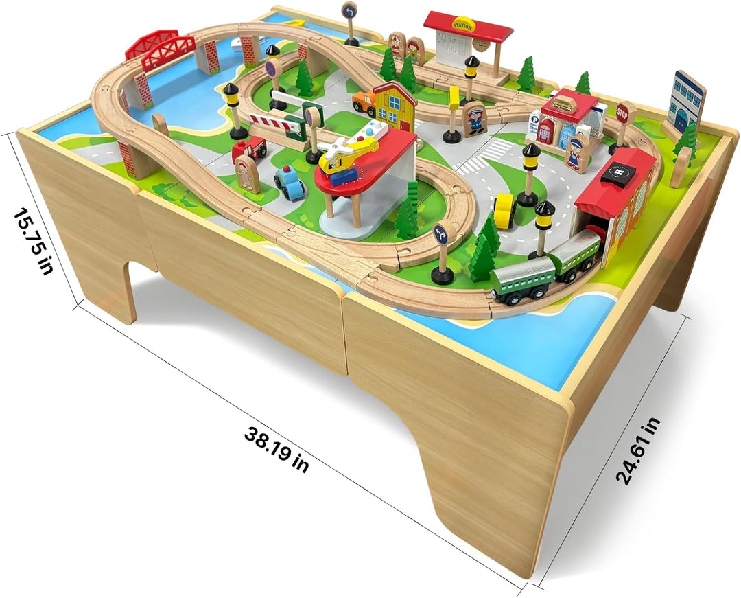 Juego de tren de madera y mesa con cajón mesa de