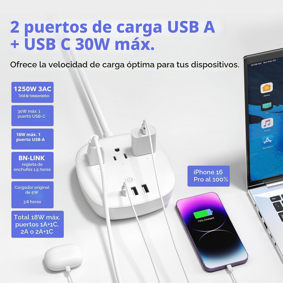 BN-LINK Regleta de control remoto con 3 tomacorrientes independientes, 3