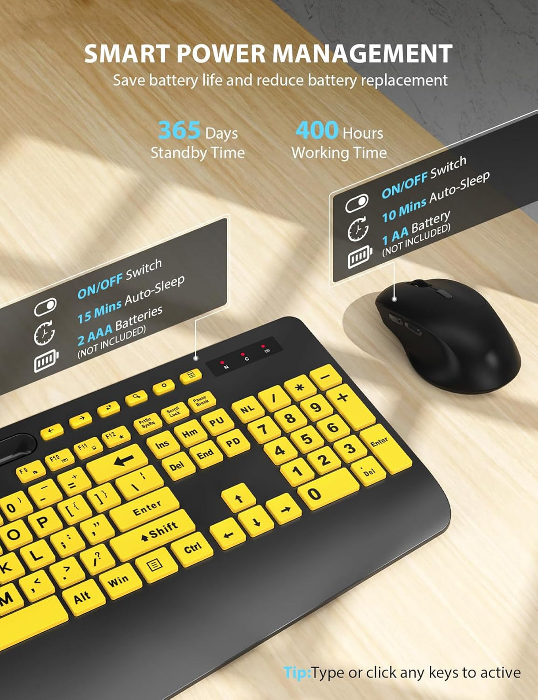 Combo de teclado y mouse inalámbricos - Teclado ergonómico de letra...
