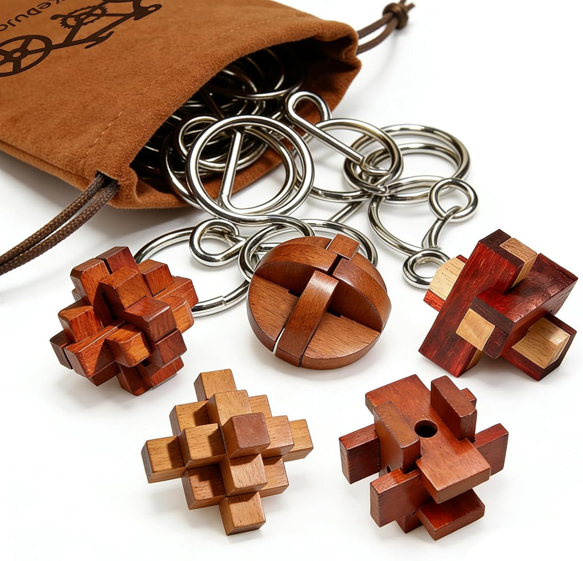 Juego de 42 rompecabezas de rompecabezas para adultos y niños, juego de IQ 3D vintage de madera y metal, rompecabezas de lógica de desenmarañamiento desafiante, juego de bolsa de viaje portátil para