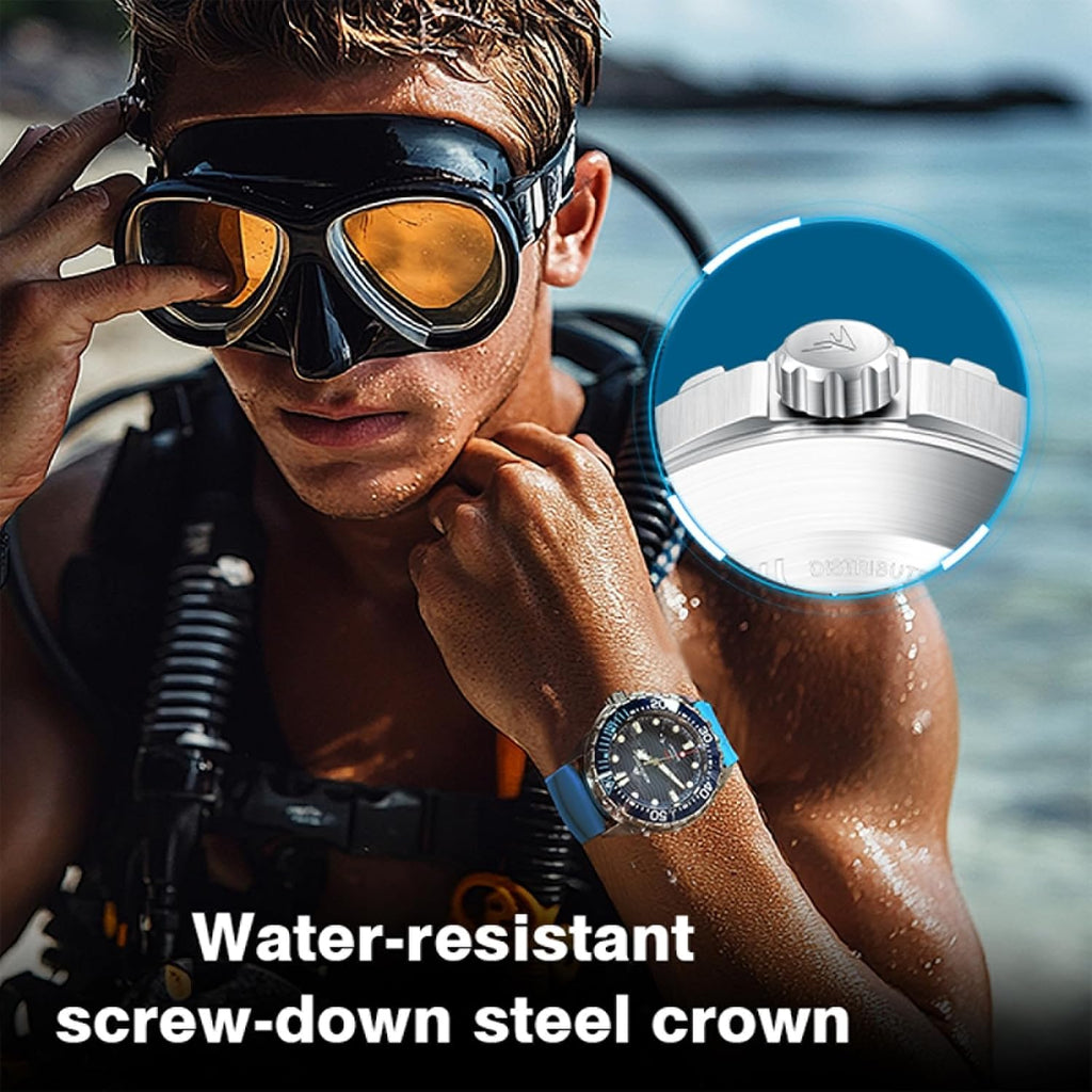 Triton - Reloj solar de buceo para hombre, 984.3 ft/1000 pies, resistente al agua, reloj de buceo de cuarzo, batería solar recargable, esfera luminosa, bisel unidireccional, caja de acero