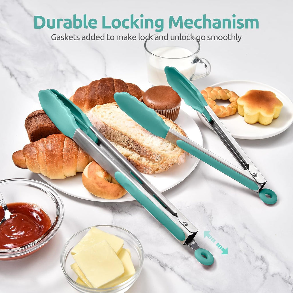 Pinzas de cocina resistentes al calor de 600ºF: Set de pinzas de cocina de silicona U-Taste de 9+12 pulgadas con puntas de goma no pegajosa sellada firmemente y mango de acero inoxidable 18/8