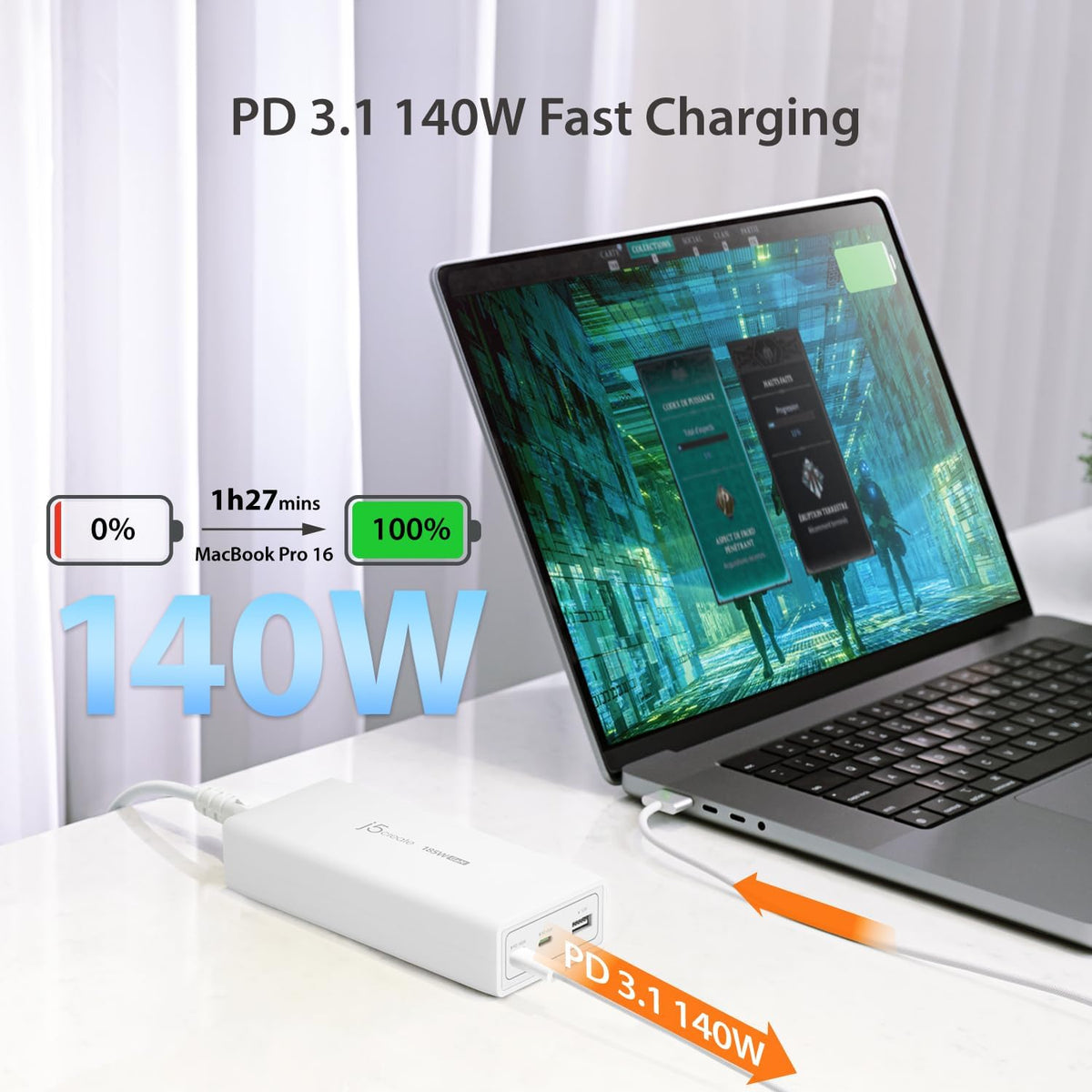 j5create 185W GaN USB-C/A 3-Port Laptop Super Cargador con Power Delivery 3.1