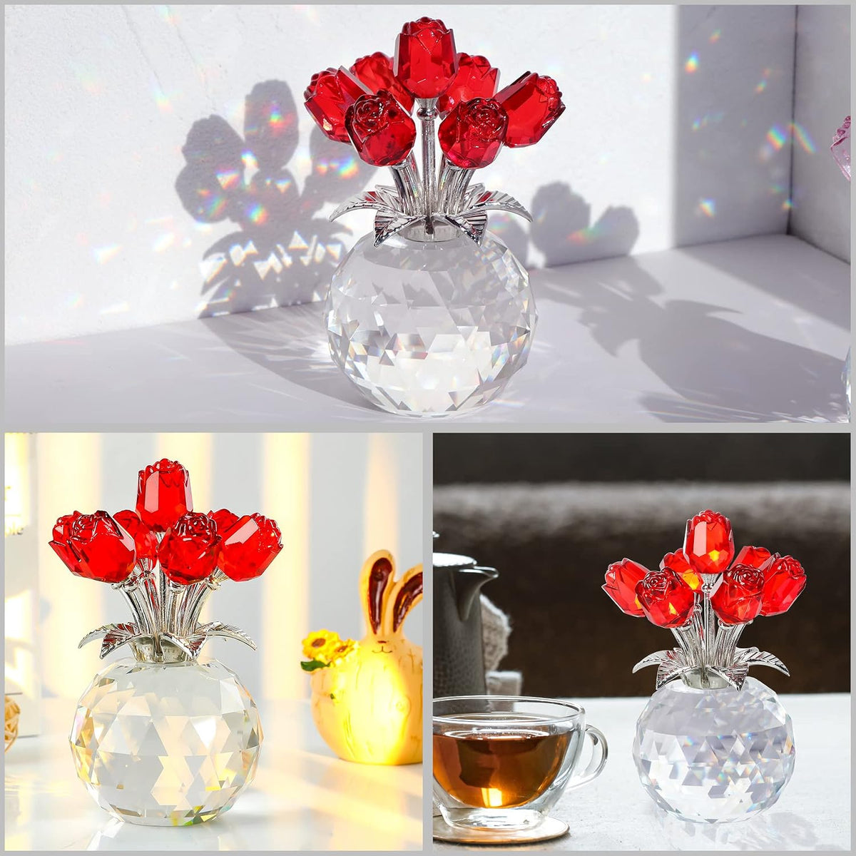 Figuras de rosas rojas de cristal, adorno de ramo de flores de cristal