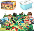 BOLZRA Figuras de animales de safari con tapete de juego de actividades y caja de almacenamiento, juego gigante de plástico realista con león, elefante, selva, zoológico, animales salvajes, juguetes
