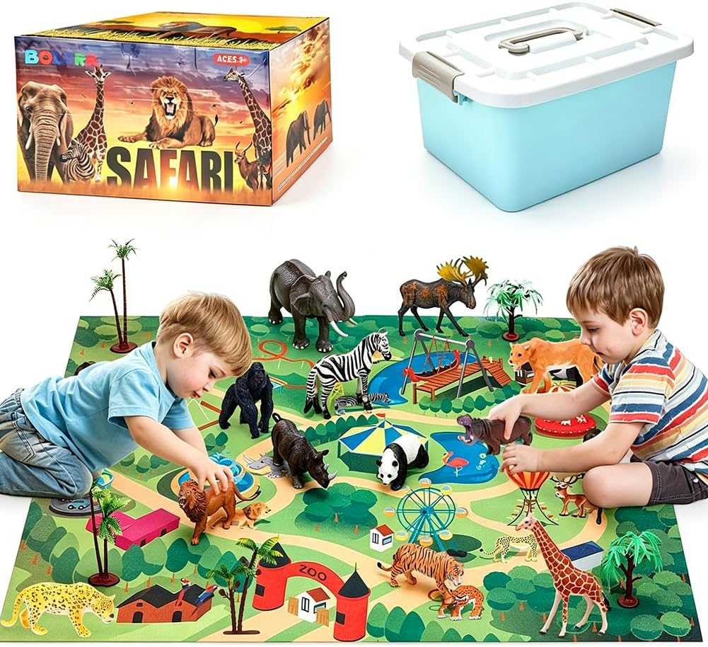 BOLZRA Figuras de animales de safari con tapete de juego de actividades y caja de almacenamiento, juego gigante de plástico realista con león, elefante, selva, zoológico, animales salvajes, juguetes