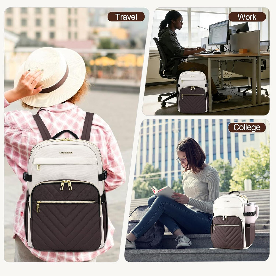 VANKEAN Mochila para laptop para mujer, Beige-café, 15,6 pulg., Moc...
