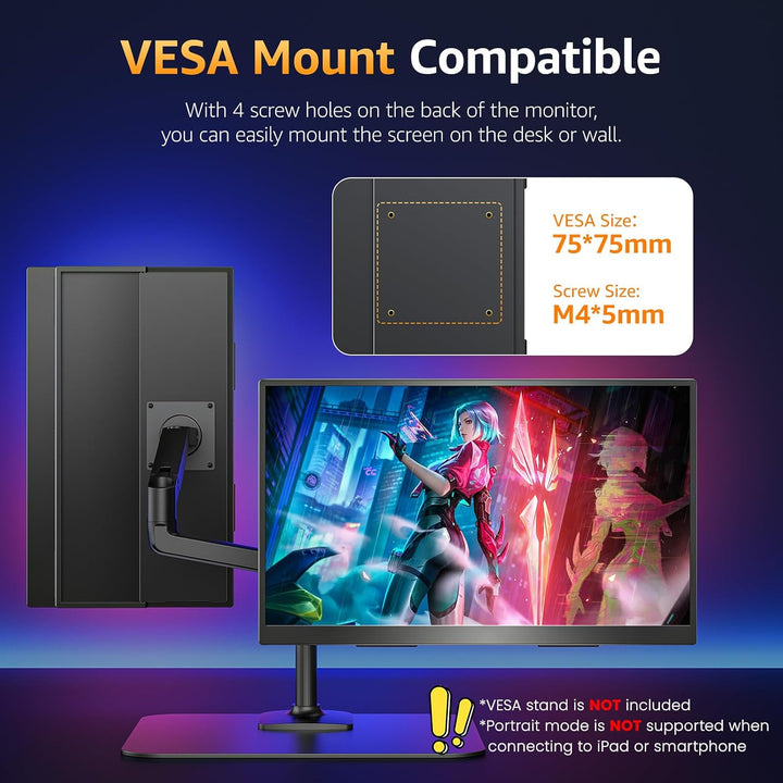 Upperizon Monitor portátil de 18.5 pulgadas FHD 125% sRGB 100Hz IPS...