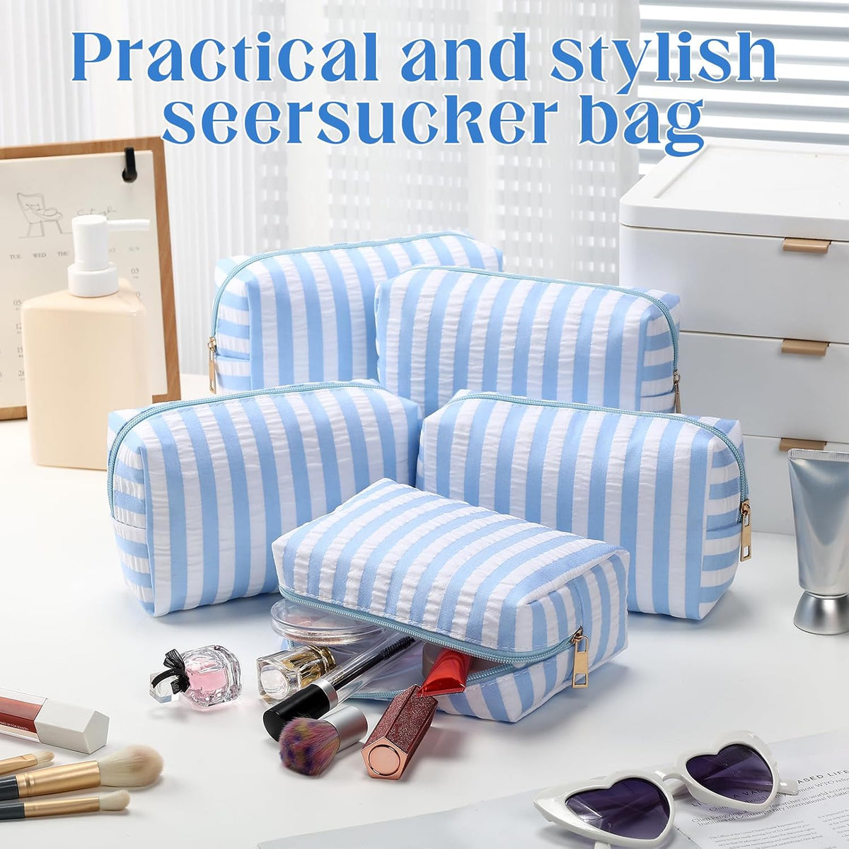 Huhumy Bolsas de maquillaje de sirsaca a granel, bolsa a rayas, Azul claro