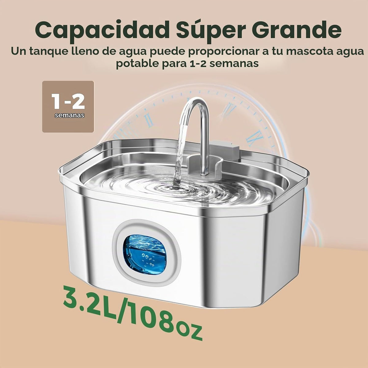 APAUK Fuente de Agua para Gatos de Acero Inoxidable, Fuente de Agua para Mascotas 108 oz/3.2 L
