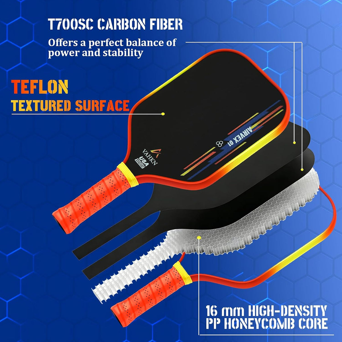 Paletas de pickleball | Pala de pickleball de fibra de carbono de 0.63 pulgadas | Superficie texturizada de alto giro y borde degradado vibrante | Raqueta aprobada por USAPA para máxima potencia