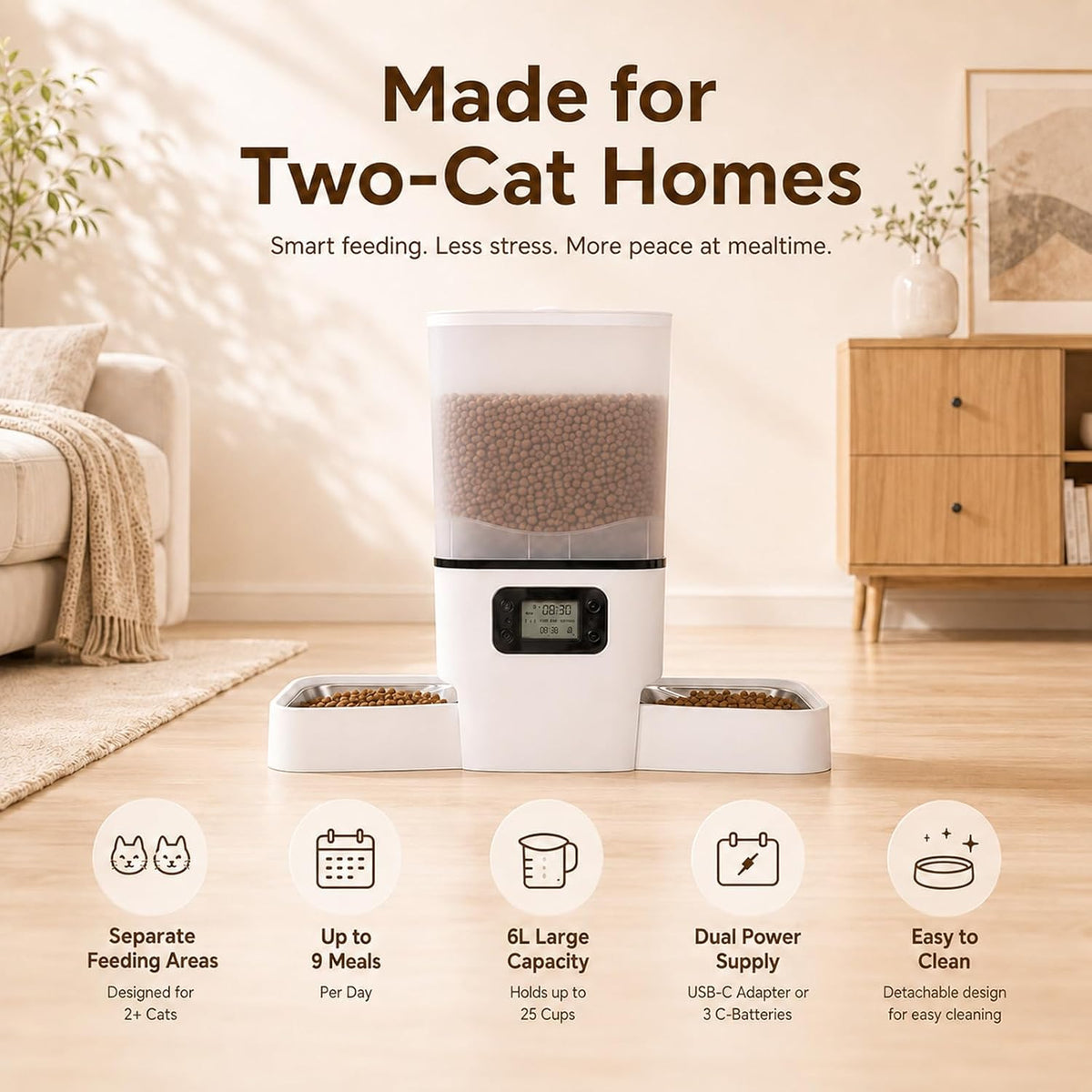 Comedero Automático para 2 Gatos y Perro Pequeño, 6L Gran Capacidad para Comida Seca