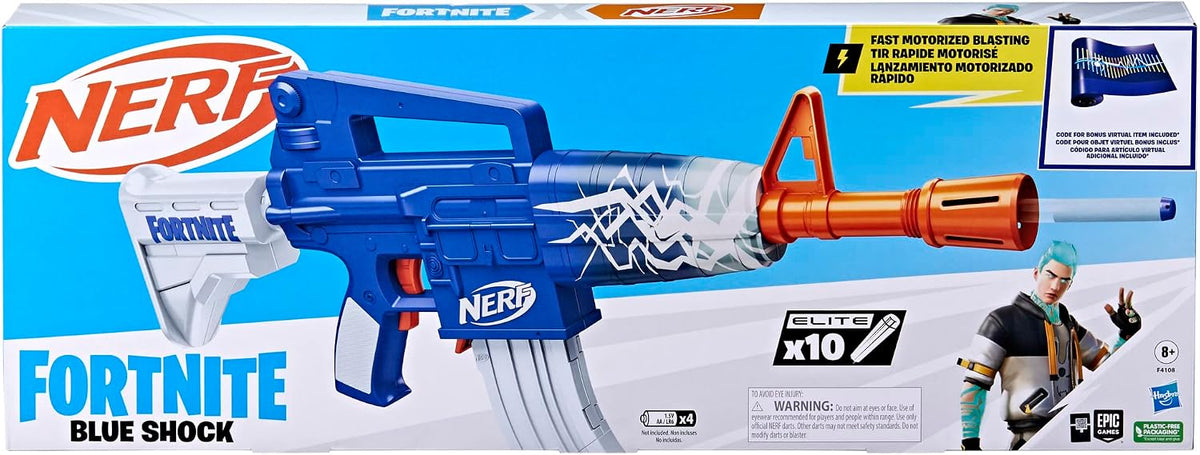 Nerf Fortnite Blue Shock Blaster, cargador de 10 dardos, 10 dardos Nerf Elite, incluye código de bonificación para desbloquear The Beat Wrap en el juego, lanzador de dardos motorizado