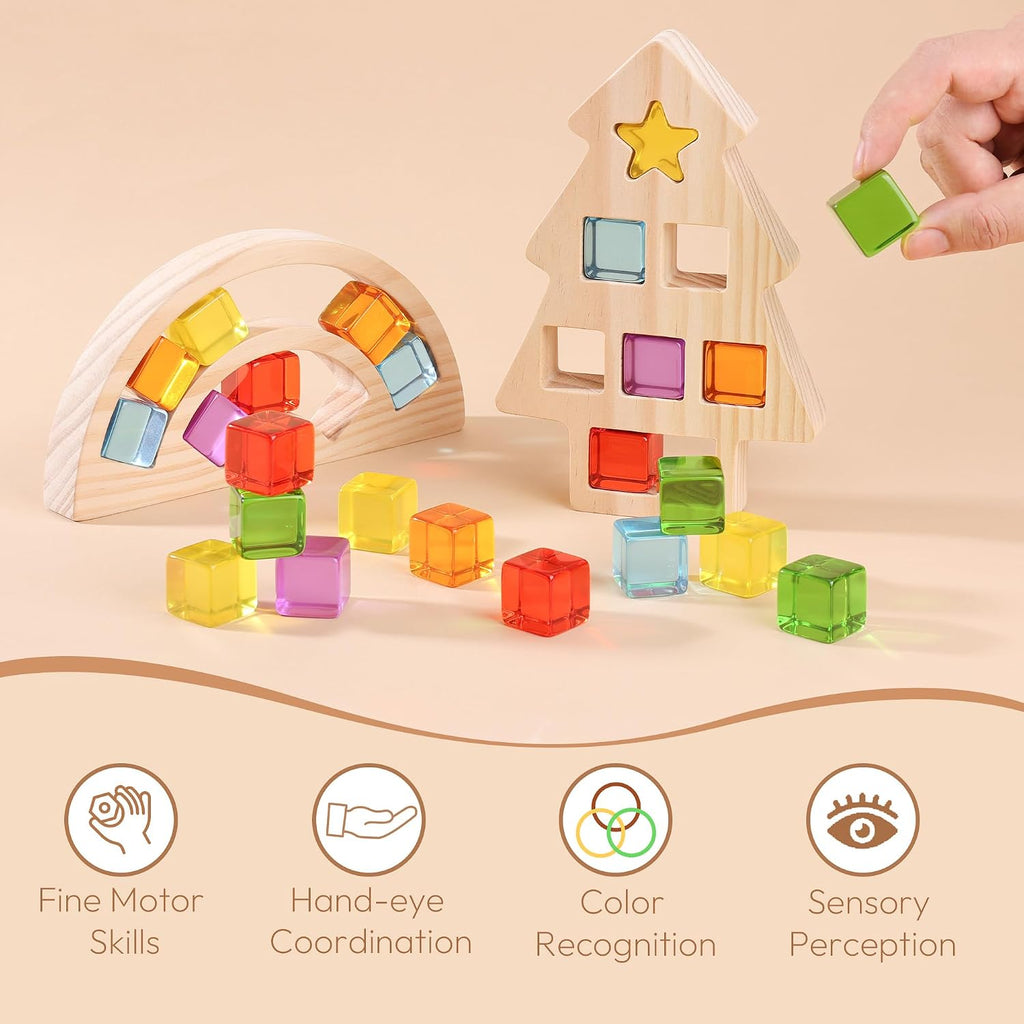 Juego de bloques de construcción de madera para niños, marco de madera de arco iris y árbol, 24 unidades de cubos de gemas acrílicas, juguetes apilables Montessori, juguetes educativos de