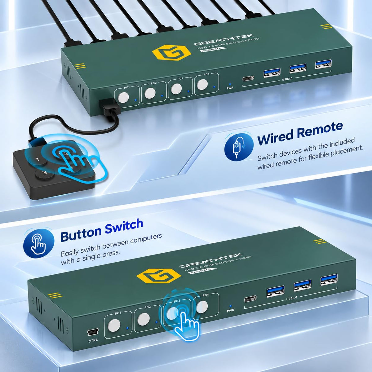 Conmutador KVM HDMI para 4 computadoras 1 monitor, 4K@60HZ 4 puertos KVM