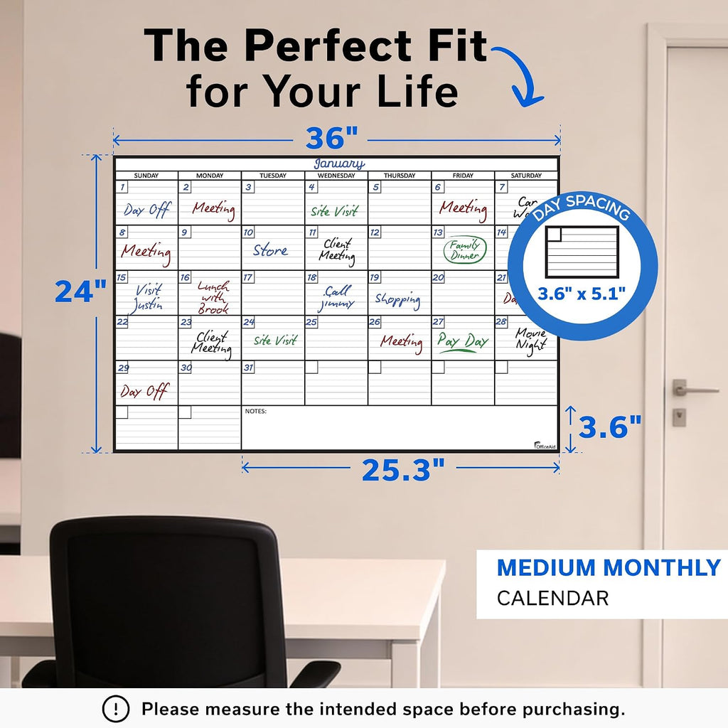 Calendario de pared grande laminado de borrado en seco (mediano (24 pulgadas 36 pulgadas)