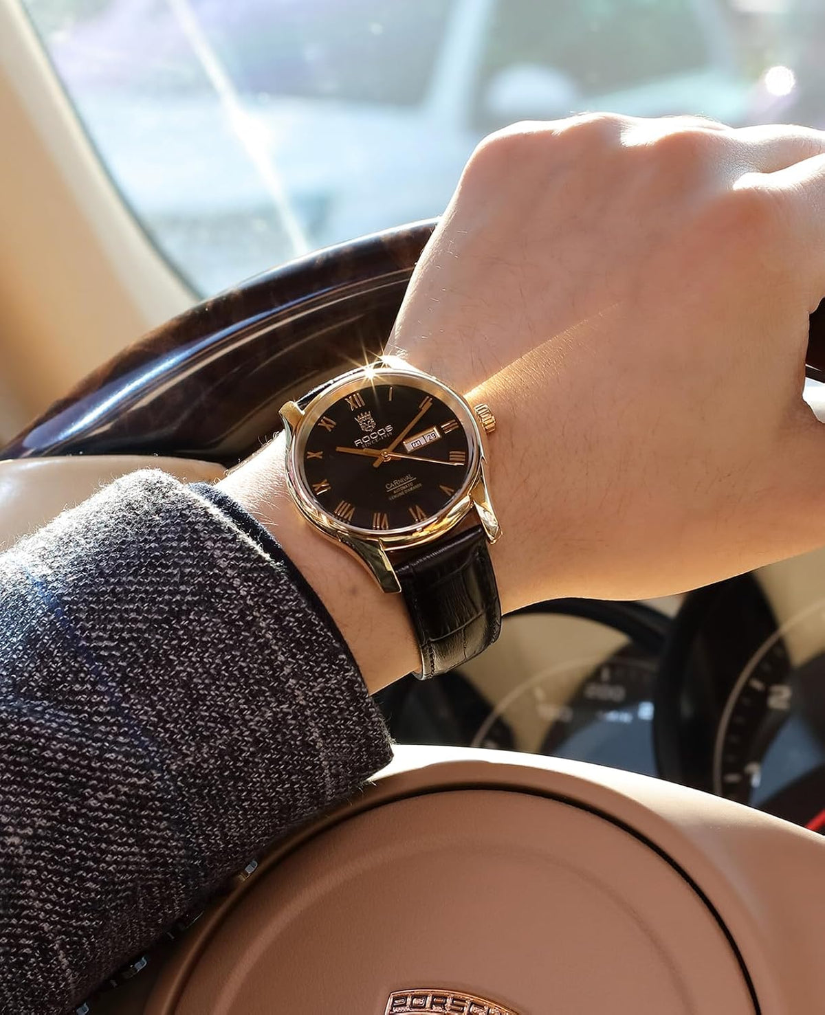 ROCOSJEWE Reloj de vestir masculino automático de cuerda automática - Caja de acero inoxidable dorado, números romanos, correa de cuero marrón, indicación de día y fecha, tapa esqueletada, reloj de pulsera de lujo para negocios, uso casual y diario