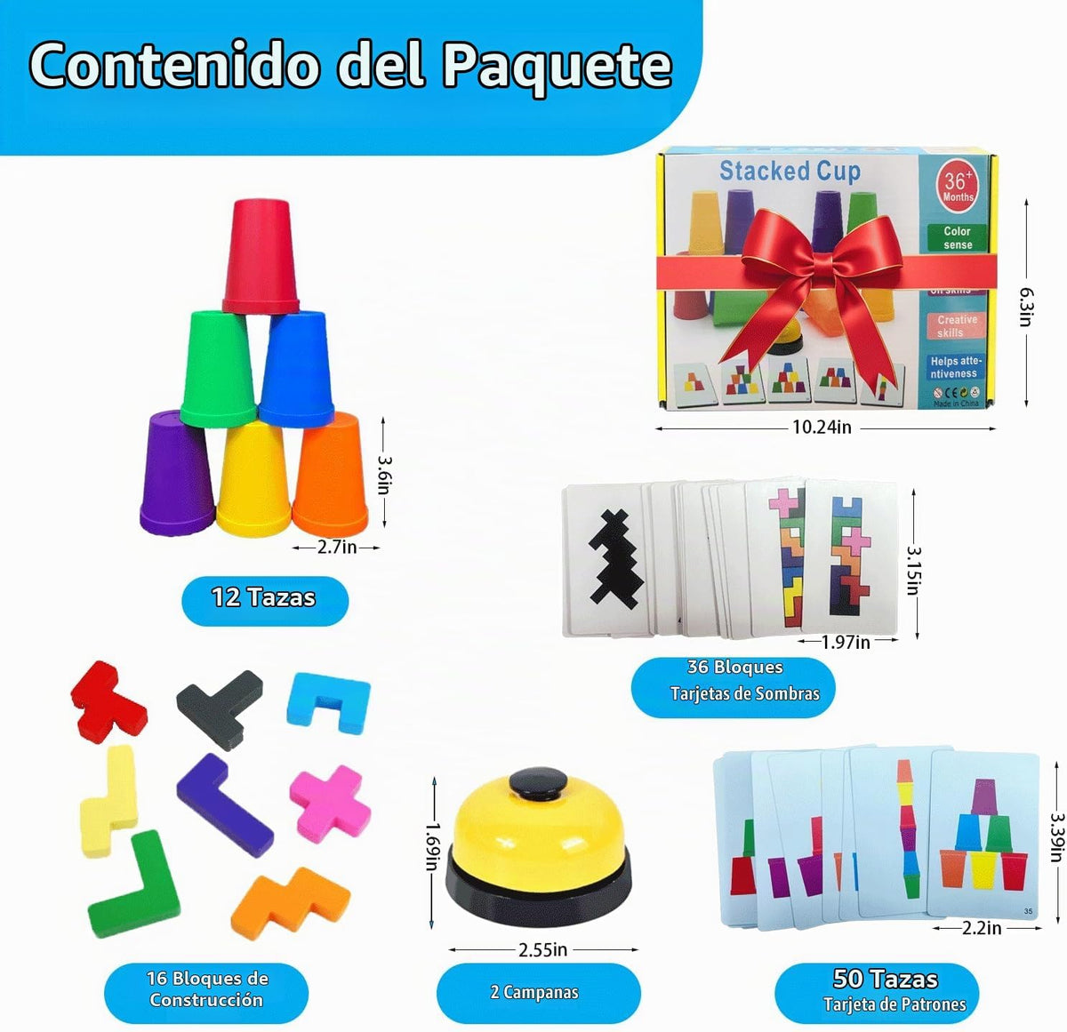 Juego de apilamiento de tazas con tarjetas y campana, juego de velocidad rápida + rompecabezas de bloques de construcción 2 en 1, juego de fiesta familiar para niños de 3 a 8 años, juguete