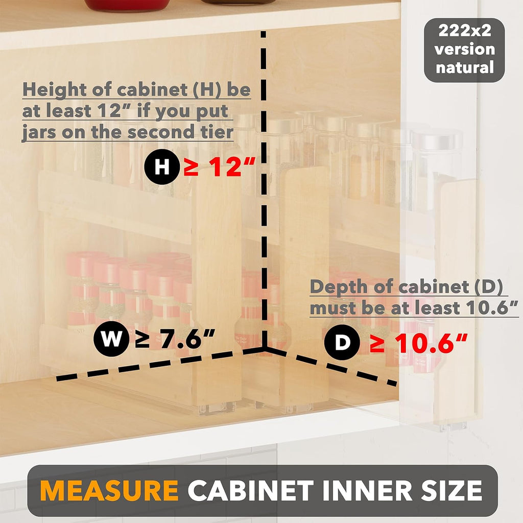 SpaceAid - Organizador de especias extraíble de bambú para gabinete, organizador de condimentos deslizante y resistente para cocina y despensa, organización vertical, 7.6 pulgadas de ancho, 3 cajones