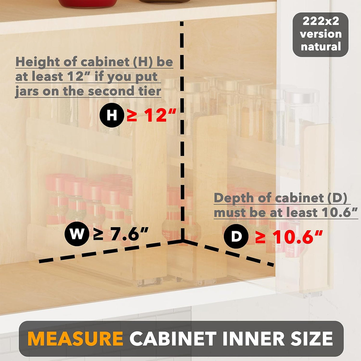 SpaceAid - Organizador de especias extraíble de bambú para gabinete, organizador de condimentos deslizante y resistente para cocina y despensa, organización vertical, 7.6 pulgadas de ancho, 3 cajones