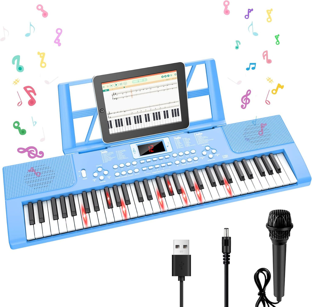 Teclado de piano para niños de 61 teclas con teclas iluminadas, modo de enseñanza, altavoz dual