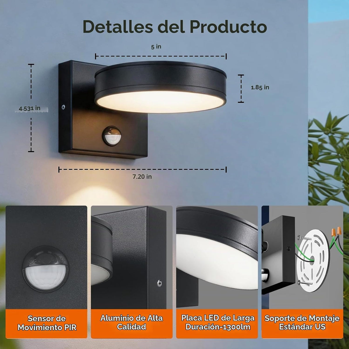 Lámpara Luces de pared para exteriores con sensor de movimiento, aplique de pared giratorio de 360°, 3000 K/4000 K/6000 K, luces LED cableadas para porche, accesorios de iluminación exterior