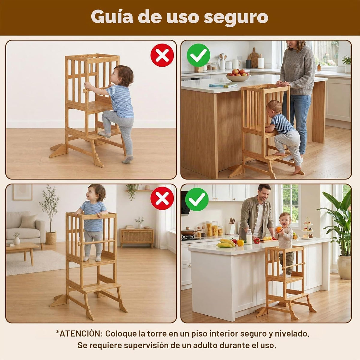 COSYLAND Torre de Pie para Niños Pequeños - Taburete Ayudante de Cocina de Altura Ajustable para Niños Pequeños - Taburete Escalón de Cocina para Niños para Aprender con Barandilla de Seguridad
