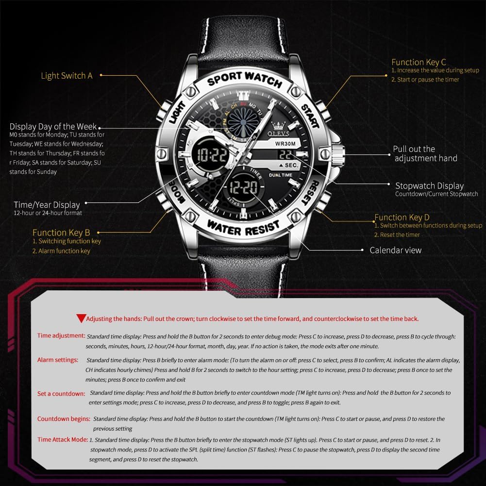 OLEVS Relojes para Hombre Moda Fecha Regalo Cronógrafo Reloj para Hombre Gran Negocio Digital Calendario Resistente al Agua Reloj de Muñeca para Hombre