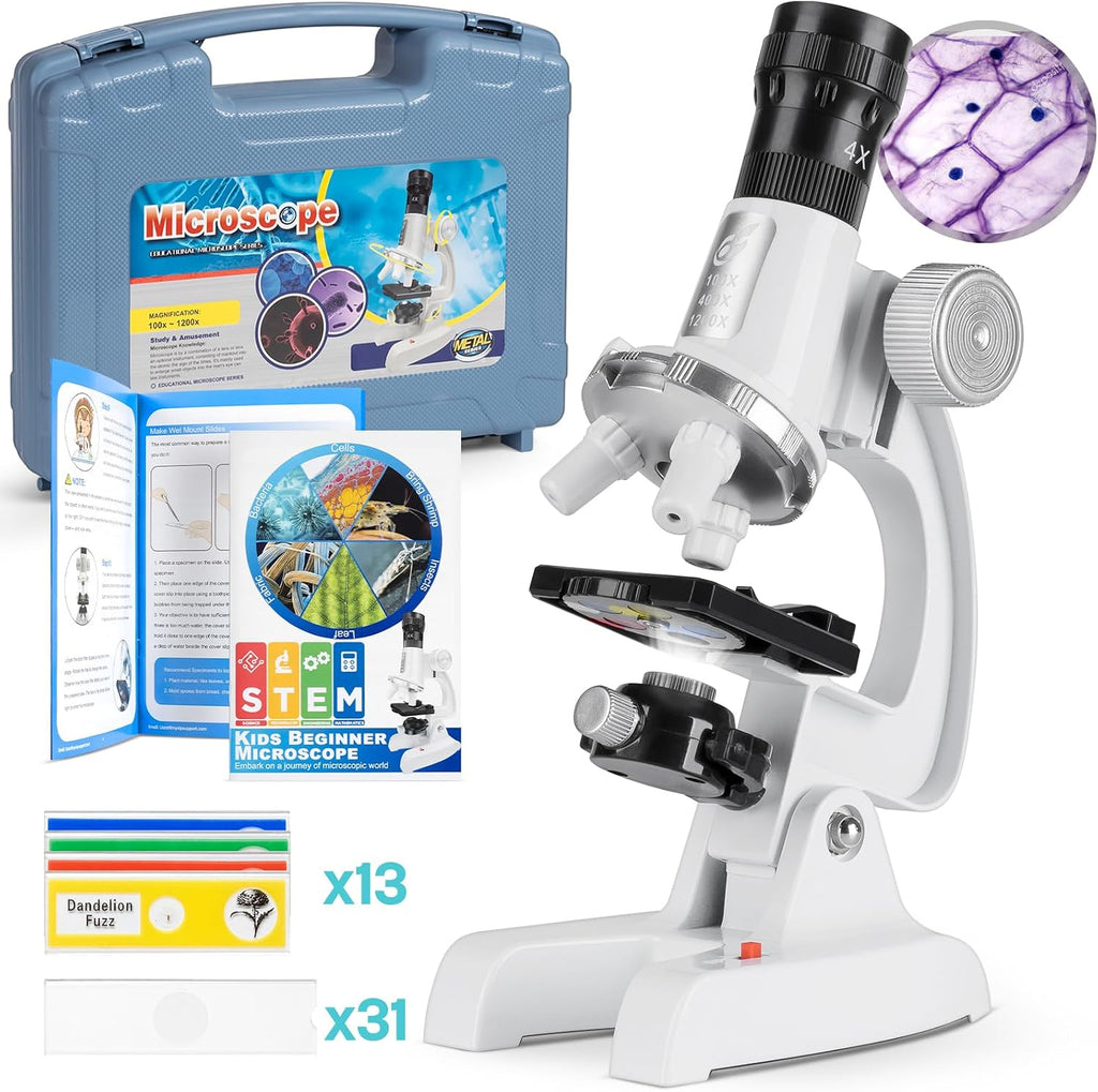 Uarzt Kit de microscopio para niños principiantes con aumento de 100X-1200X, 13 diapositivas preparadas y diapositivas en blanco para hacer tú mismo, lente HD de 18 mm, luz LED ajustable y caja de ABS