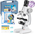 Uarzt Kit de microscopio para niños principiantes con aumento de 100X-1200X, 13 diapositivas preparadas y diapositivas en blanco para hacer tú mismo, lente HD de 18 mm, luz LED ajustable y caja de ABS