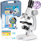 Uarzt Kit de microscopio para niños principiantes con aumento de 100X-1200X, 13 diapositivas preparadas y diapositivas en blanco para hacer tú mismo, lente HD de 18 mm, luz LED ajustable y caja de ABS