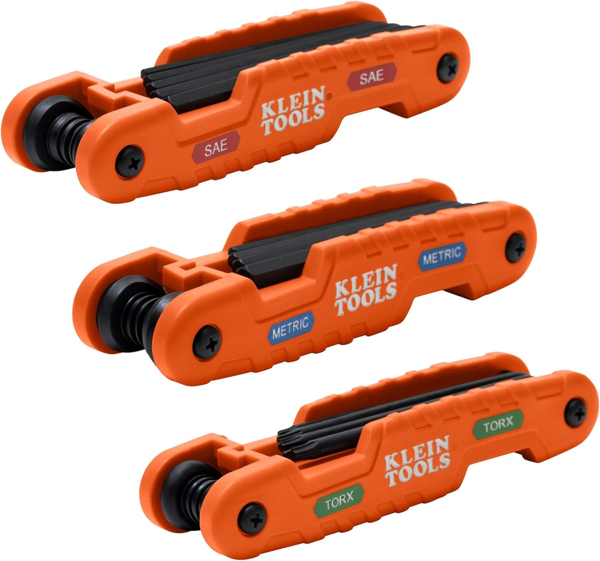Klein Tools 70553 Juego de llaves hexagonales plegables Pro de 3 piezas, métricas, SAE, tamaños Torx, 31 llaves, acero de aleación tratado térmicamente de resistencia industrial