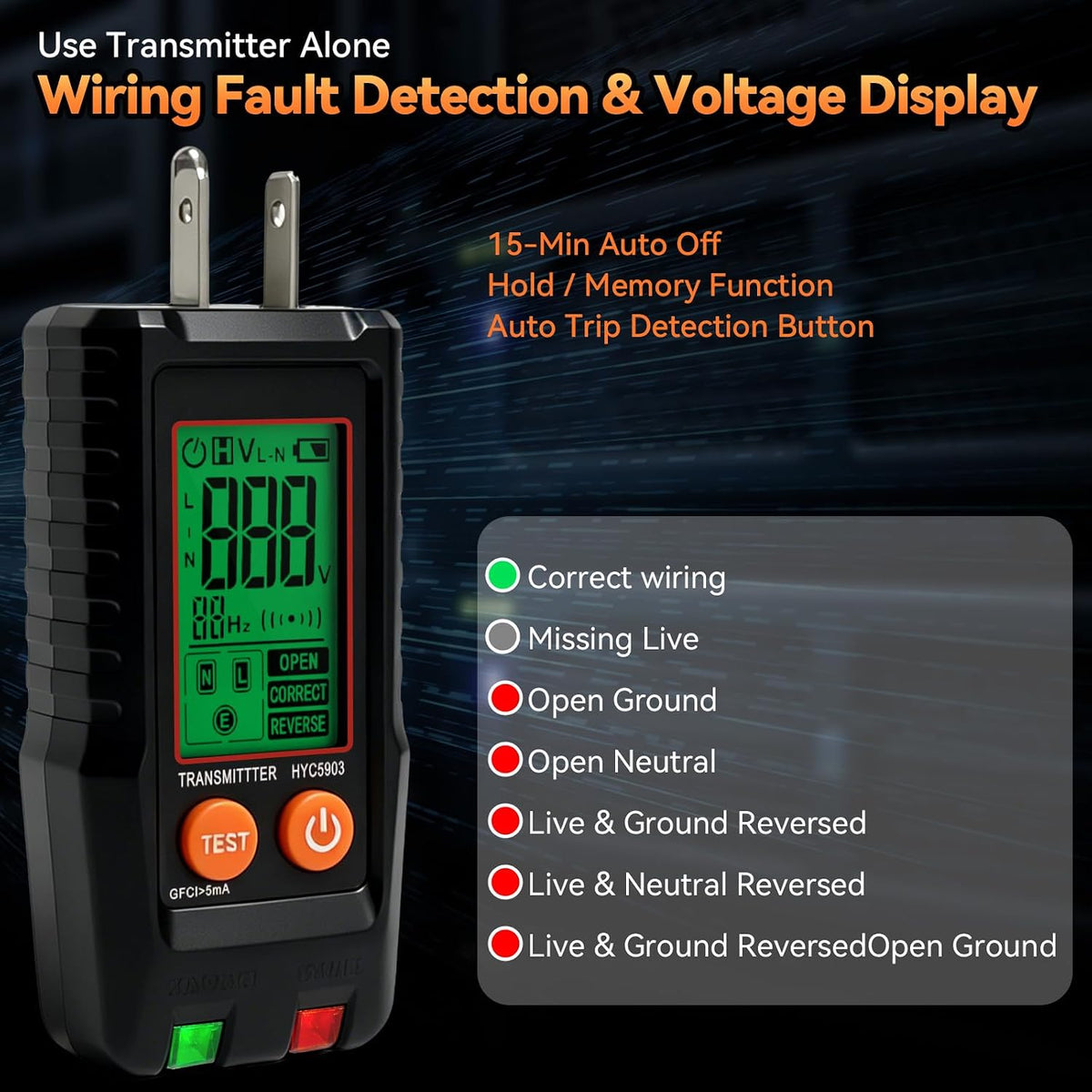 Detector de Interruptor Automático con Probador de Enchufe GFCI, Probador de Voltaje sin Contacto NCV