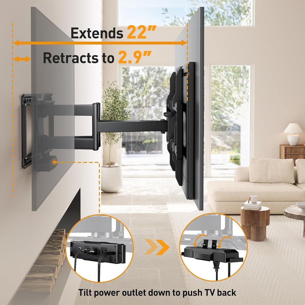 Perlegear - Soporte de pared para TV de movimiento completo con regleta de enchufes para televisores de 42–90 pulgadas hasta 68 kg, soporte de TV preensamblado con giro suave, inclinación, extensión