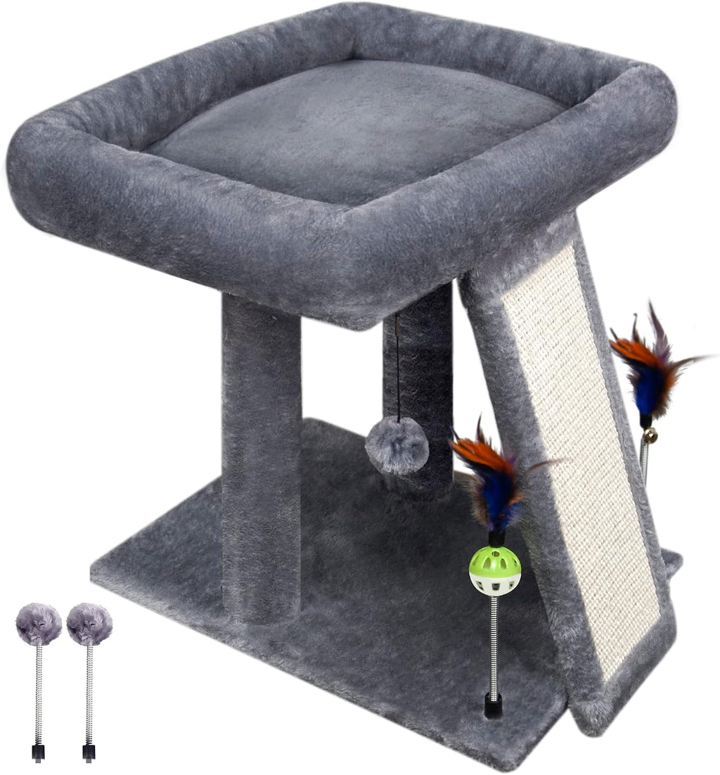 TWDEPART Árbol de gato con torre y poste para arañar para gatos de interior, centro de actividades, árbol para escalar con tablero para rascar y pelotas de juguete, gris